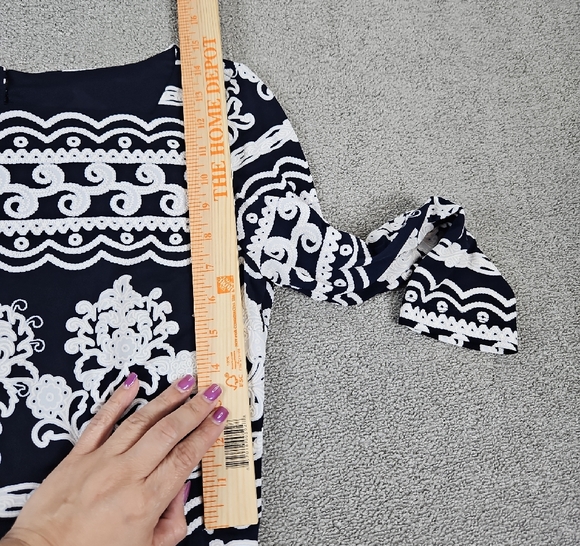 Trulli Navy Blue & white 3/4 Sleeve Fit Flare Stretch Dress Key hole size 6 - Picture 10 of 10